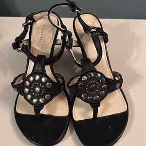 Coach wedge heeled black sandals w/ silver studs size 6.5 strappy buckle closure